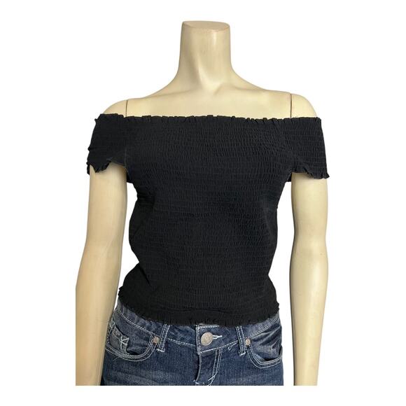 Impeccable Pig Black Smocked Off the Shoulder Blouse Shirt Top Stretchy Casual L - Picture 1 of 6